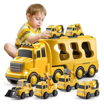 Construction Truck Set with Carrier Trailer and Friction Mini Vehicles, Lights for Ages 3+