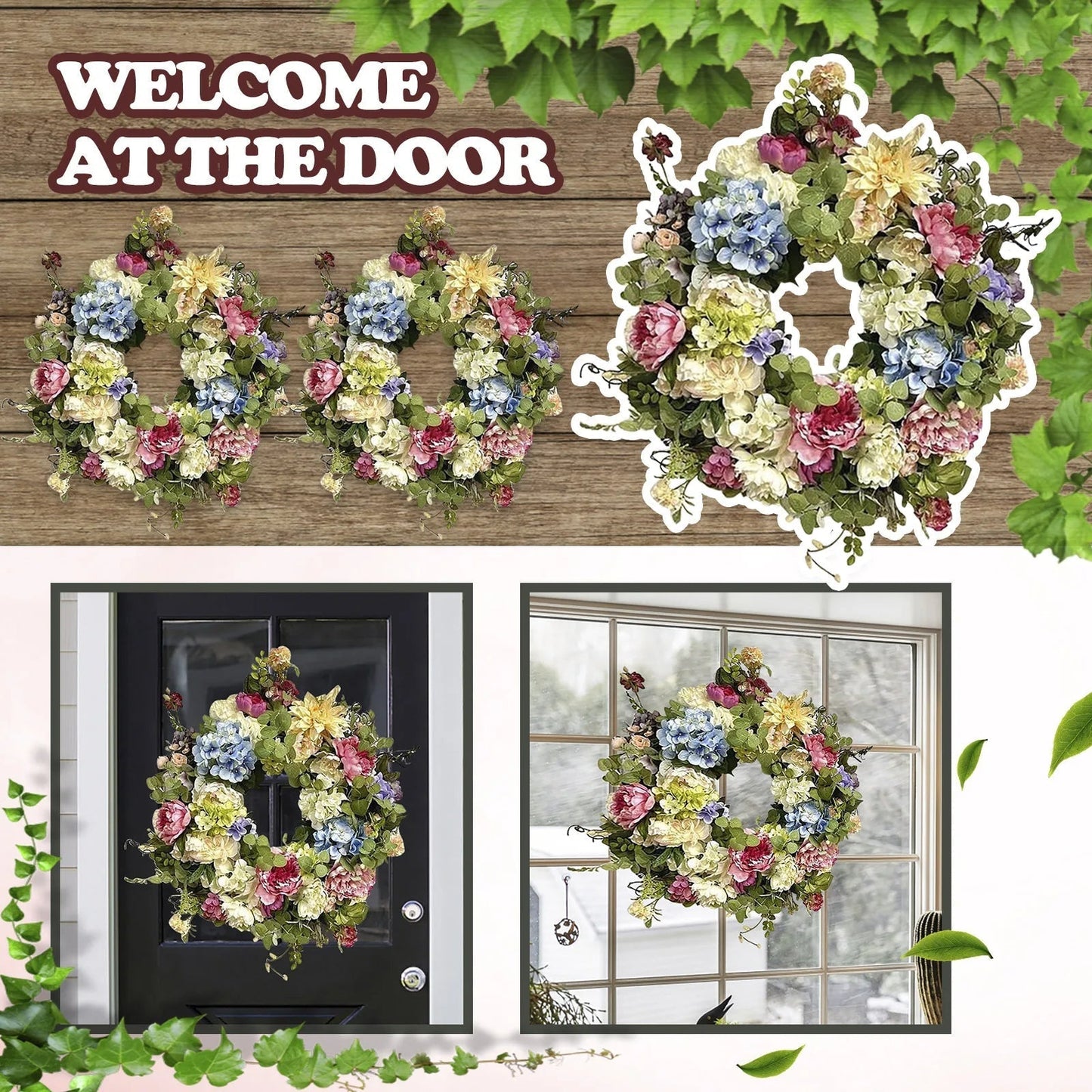 Artificial Hydrangea Wreath Rainbow Multicolor Silk Flowers For Front Door