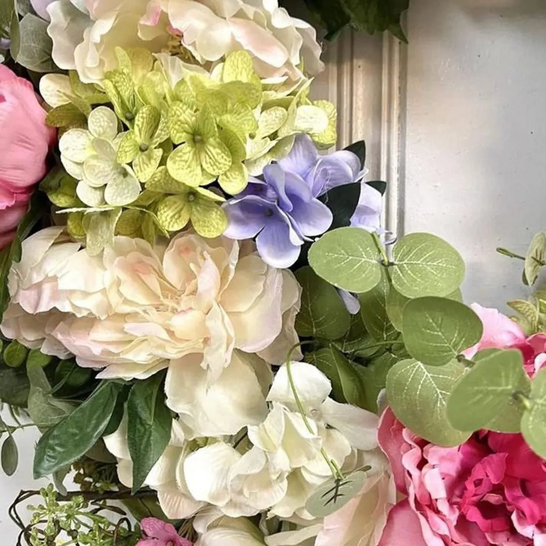 Artificial Hydrangea Wreath Rainbow Multicolor Silk Flowers For Front Door