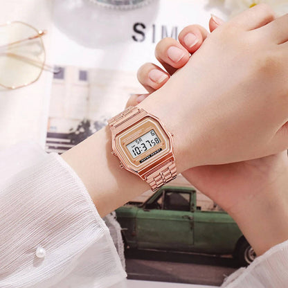 Vintage Digital Watch with Stainless Steel Band and LED Display, Unisex, Splash Resistant