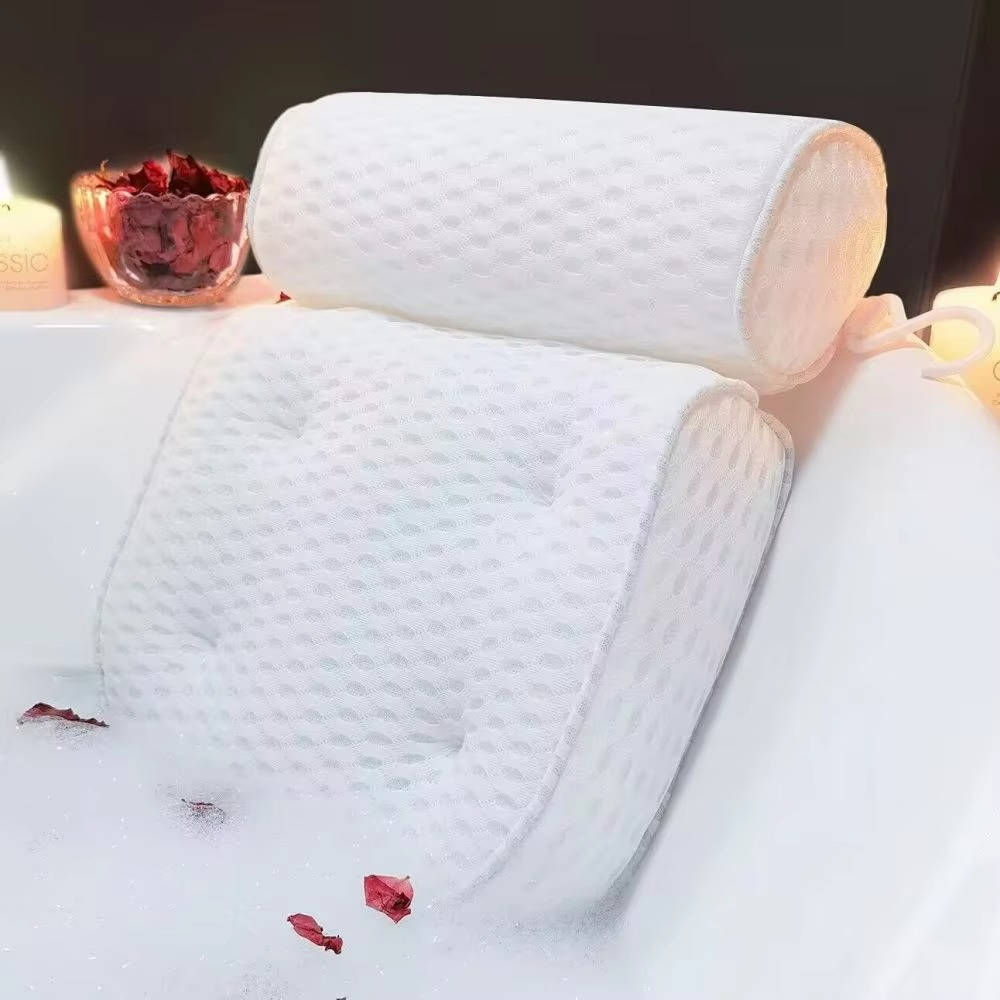 Bathtub Pillow with Six Suction Cups and Ergonomic Contour, Quick-Dry 3D Mesh