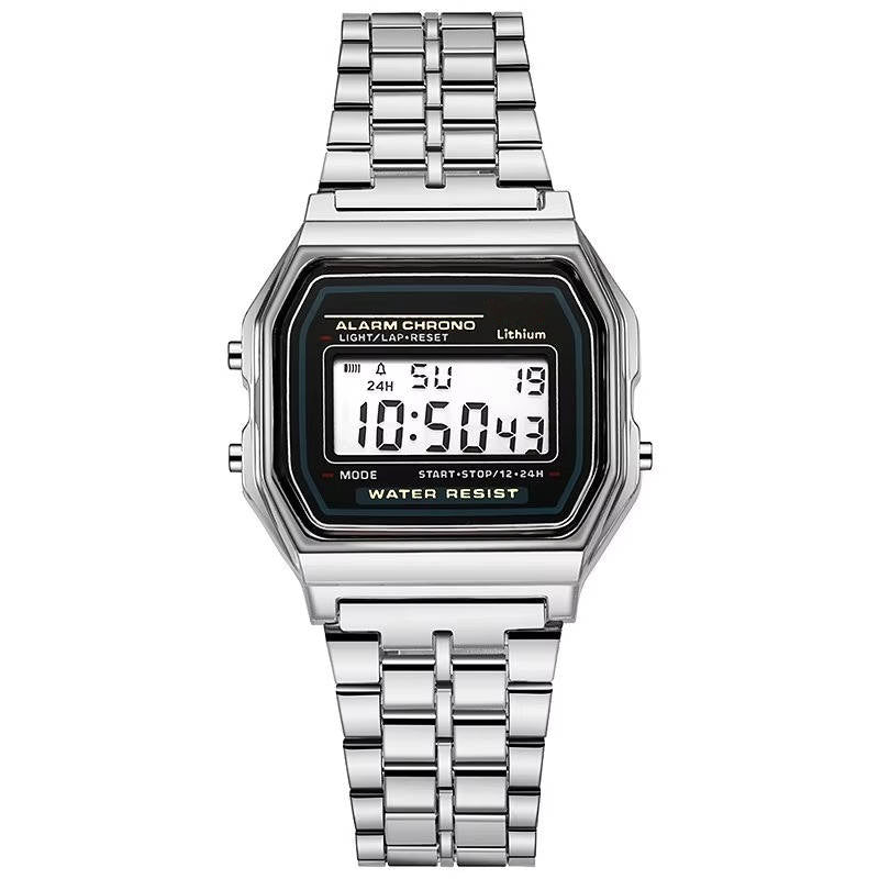 Vintage Digital Watch with Stainless Steel Band and LED Display, Unisex, Splash Resistant