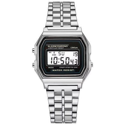 Vintage Digital Watch with Stainless Steel Band and LED Display, Unisex, Splash Resistant