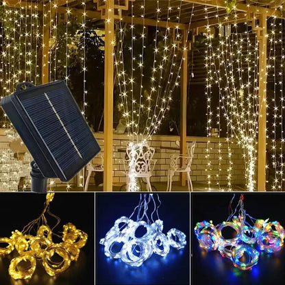 Solar Curtain Lights with Waterproof Panel and Multicolor LEDs for Patio