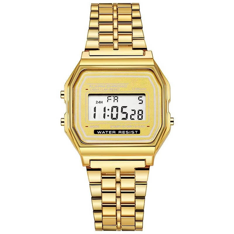 Vintage Digital Watch with Stainless Steel Band and LED Display, Unisex, Splash Resistant