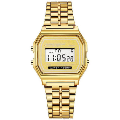 Vintage Digital Watch with Stainless Steel Band and LED Display, Unisex, Splash Resistant