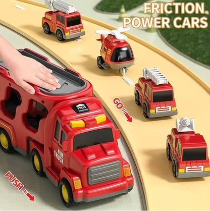 Fire Truck Toy Set with Siren Sounds and Pull-Back Vehicles, Nesting Carrier for Toddlers