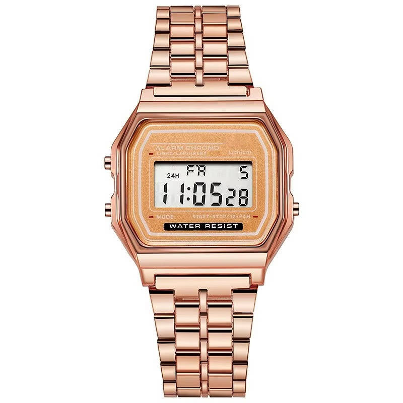 Vintage Digital Watch with Stainless Steel Band and LED Display, Unisex, Splash Resistant