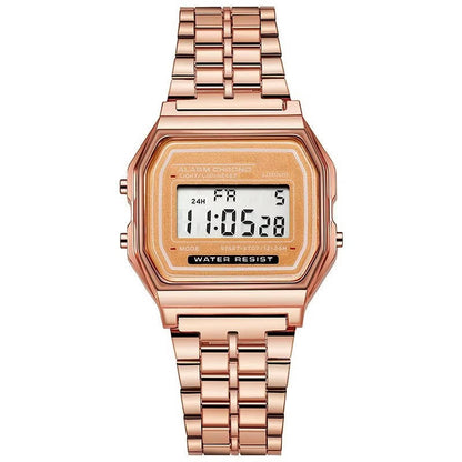 Vintage Digital Watch with Stainless Steel Band and LED Display, Unisex, Splash Resistant