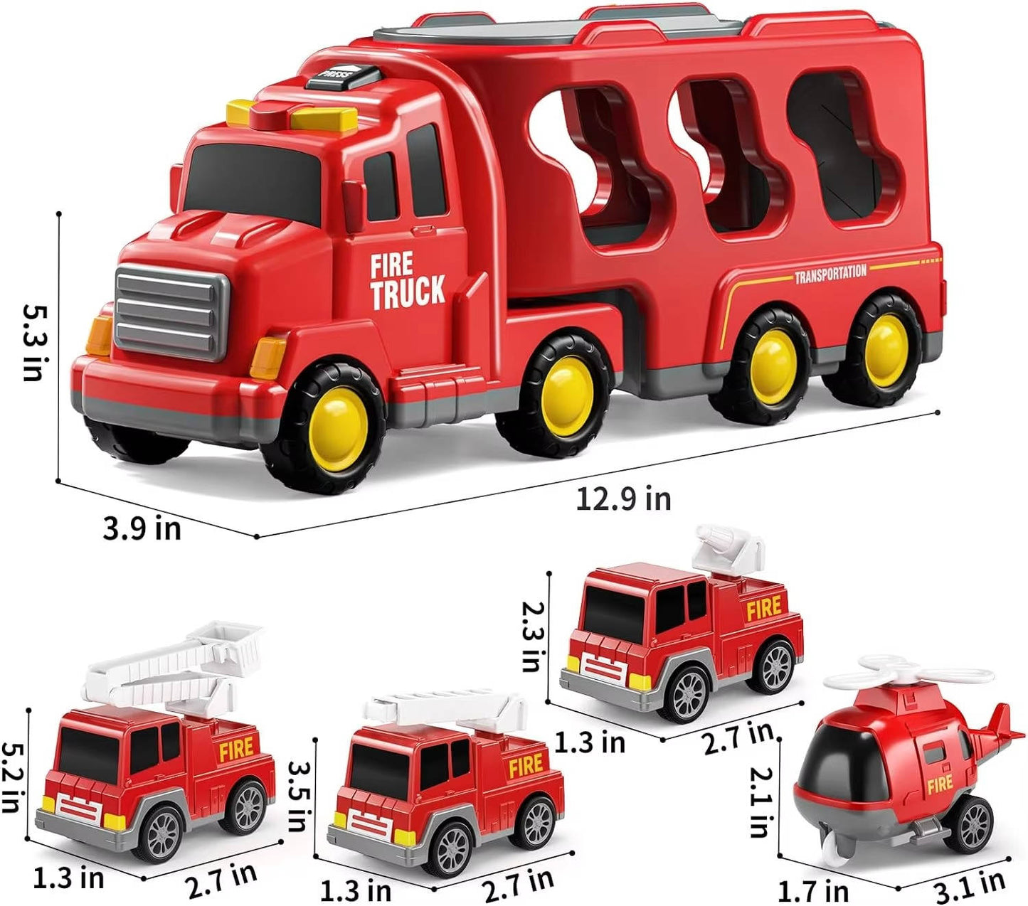 Fire Truck Toy Set with Siren Sounds and Pull-Back Vehicles, Nesting Carrier for Toddlers
