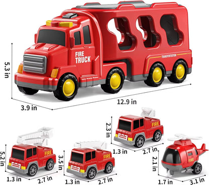 Fire Truck Toy Set with Siren Sounds and Pull-Back Vehicles, Nesting Carrier for Toddlers