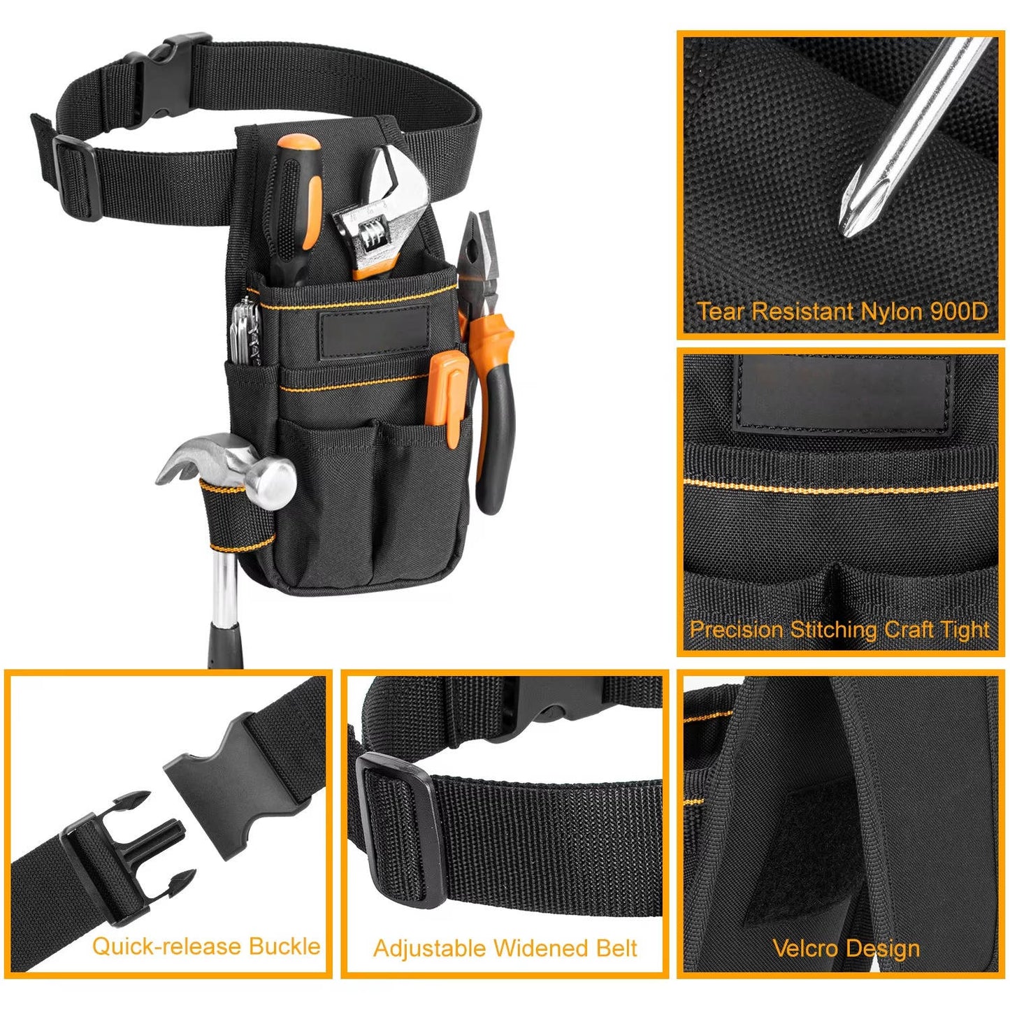 Electrician Tool Belt with 15 Pockets and Reinforced Hammer Loop, Heavy Duty 900D Nylon