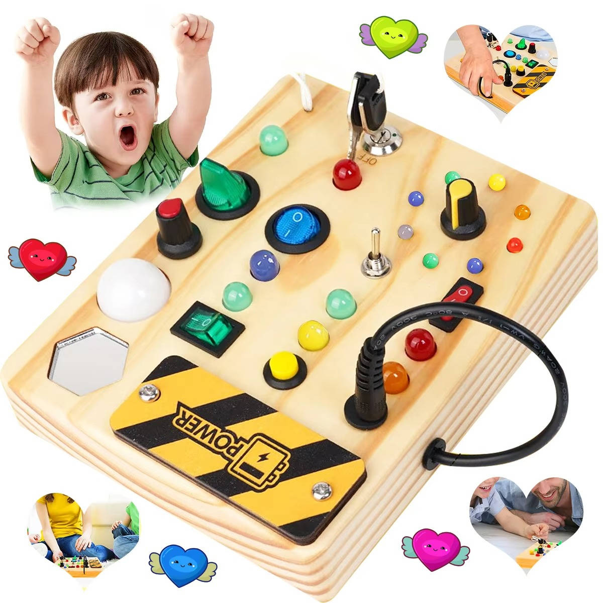 Busy Board for Toddlers with LED Lights and Multiple Switches, Portable Wooden Sensory Toy