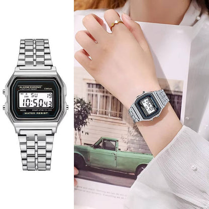 Vintage Digital Watch with Stainless Steel Band and LED Display, Unisex, Splash Resistant