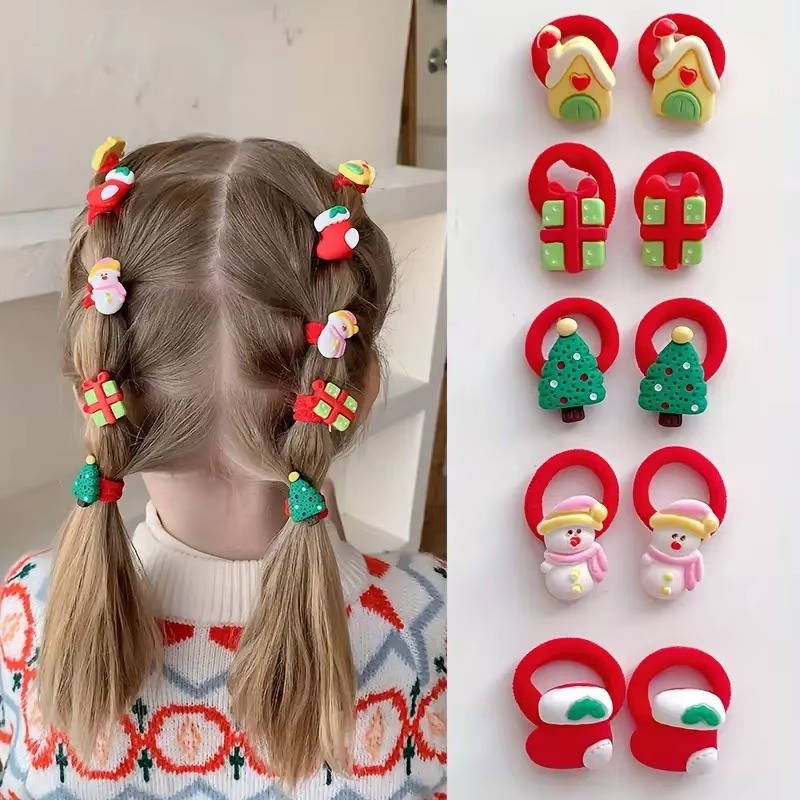 Hair Ties for Girls with 3D Holiday Charms and Soft Stretch Elastic, 10-Pack