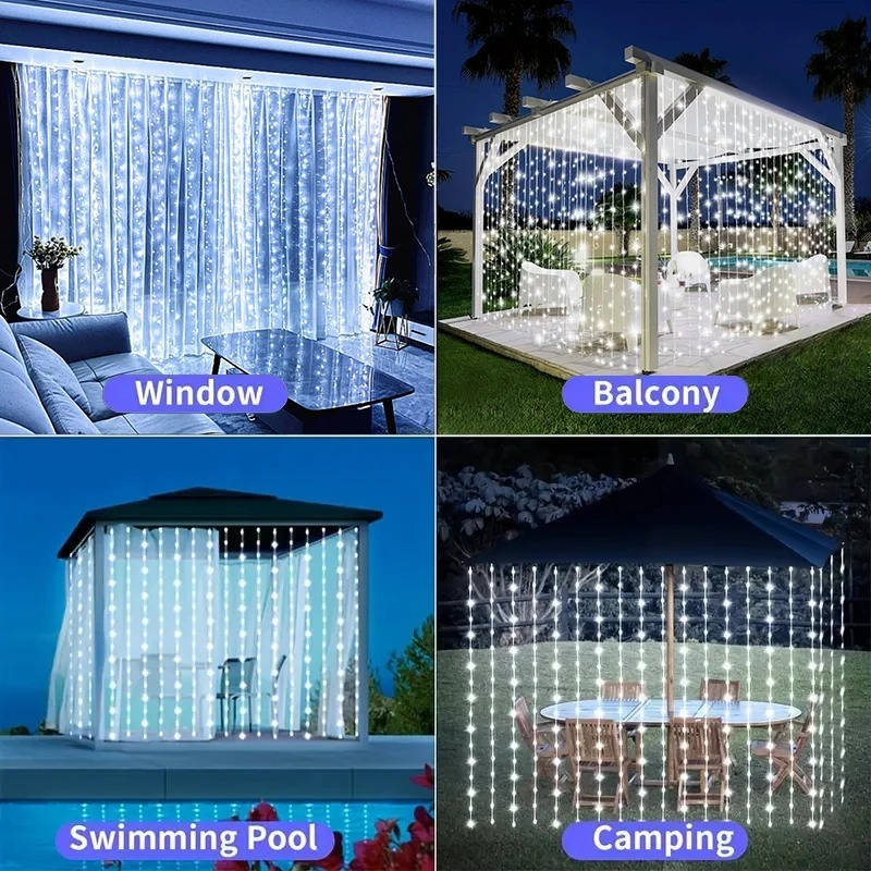 Solar Curtain Lights with Waterproof Panel and Multicolor LEDs for Patio