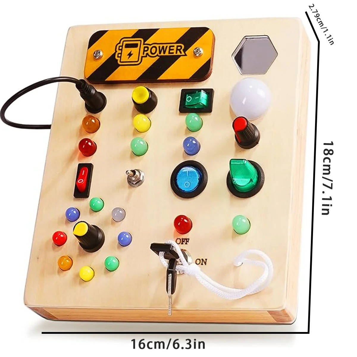 Busy Board for Toddlers with LED Lights and Multiple Switches, Portable Wooden Sensory Toy
