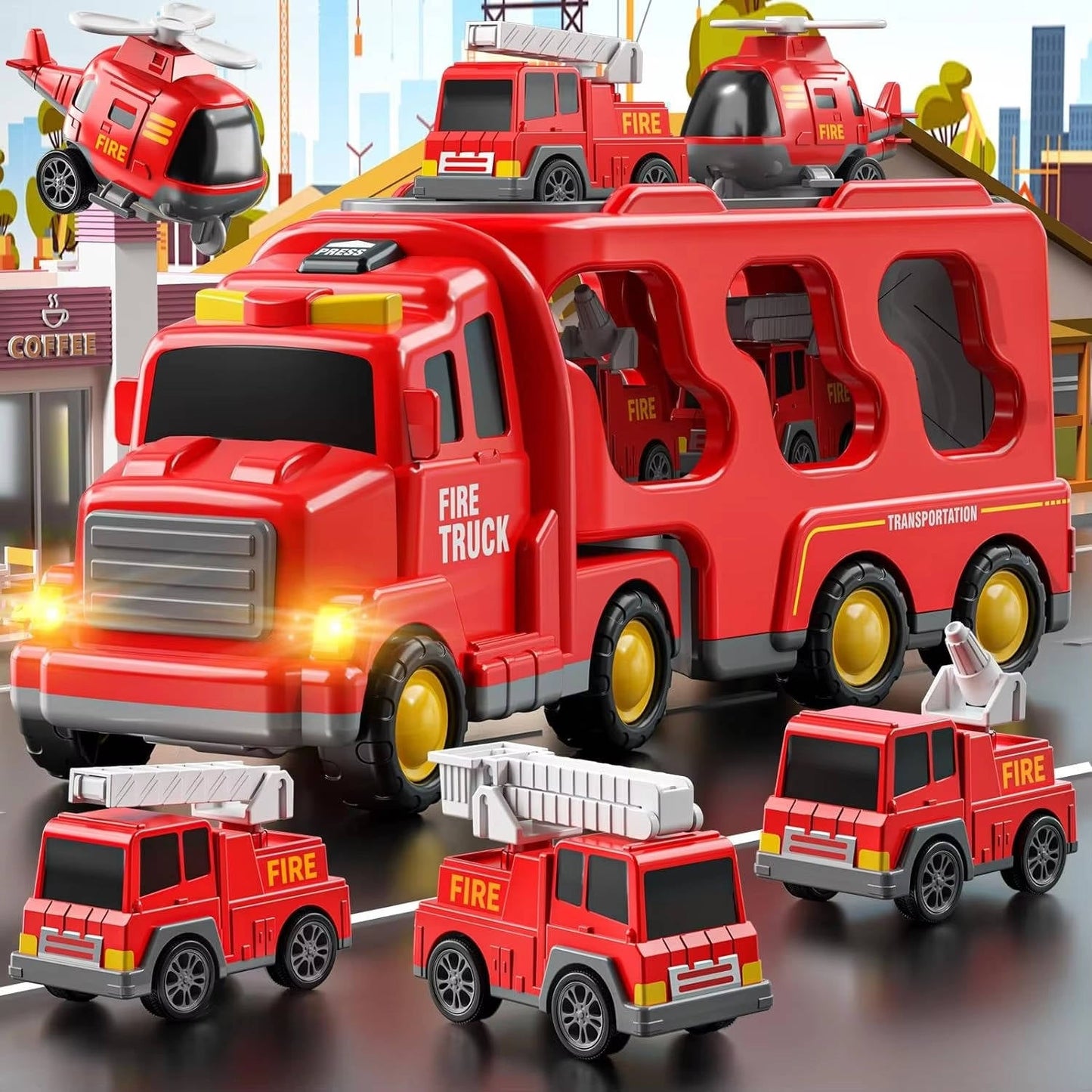 Fire Truck Toy Set with Siren Sounds and Pull-Back Vehicles, Nesting Carrier for Toddlers