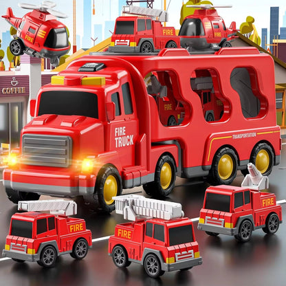 Fire Truck Toy Set with Siren Sounds and Pull-Back Vehicles, Nesting Carrier for Toddlers