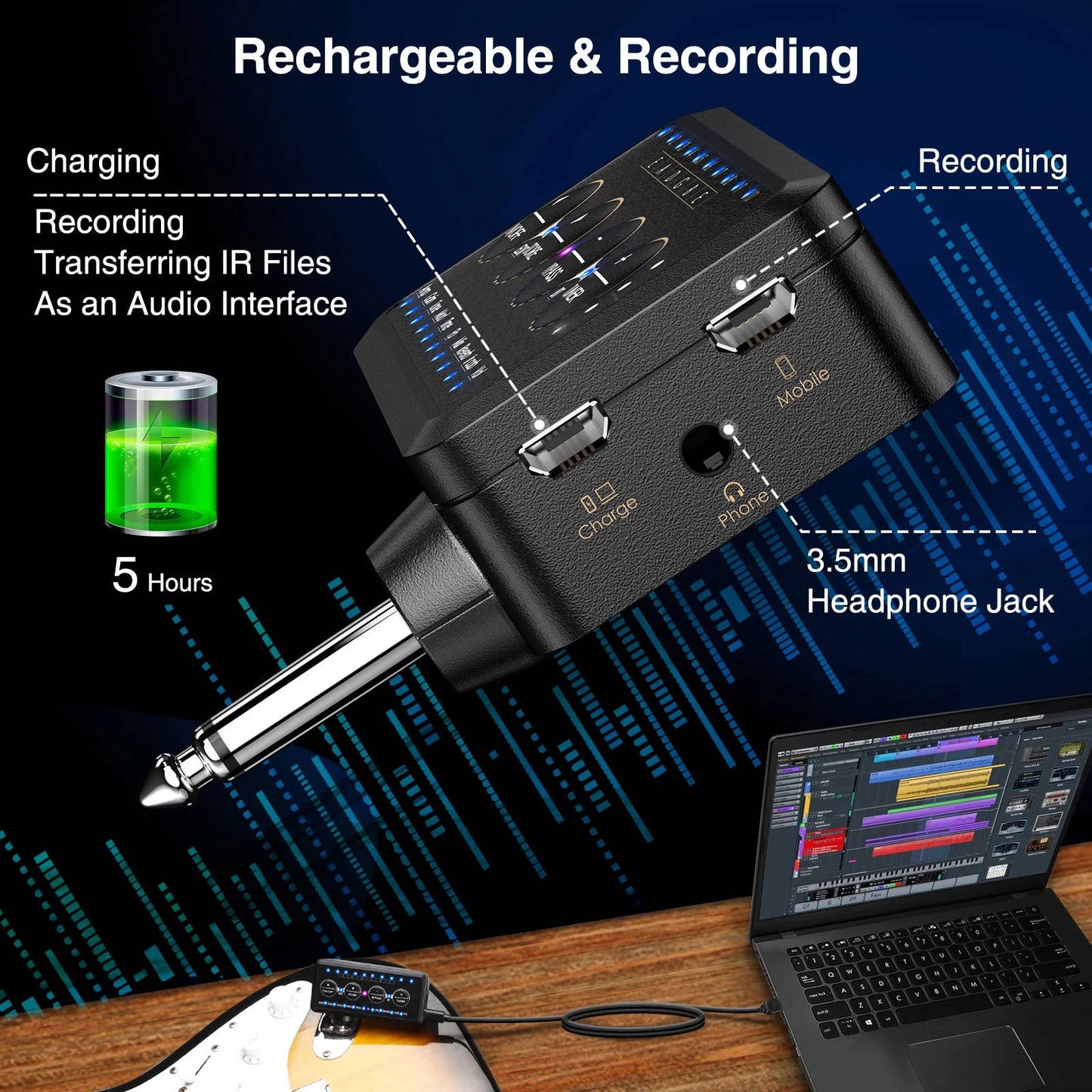 Guitar Headphone Amp with 10 Preamp Voices and 10 Cabinet Simulations, USB Recording