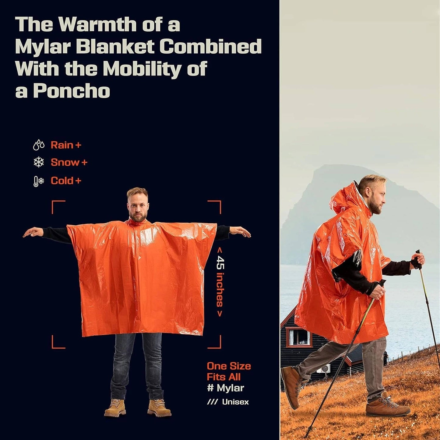 Rain Poncho with Reflective Interior and Reversible High-Visibility Side, Two-Pack