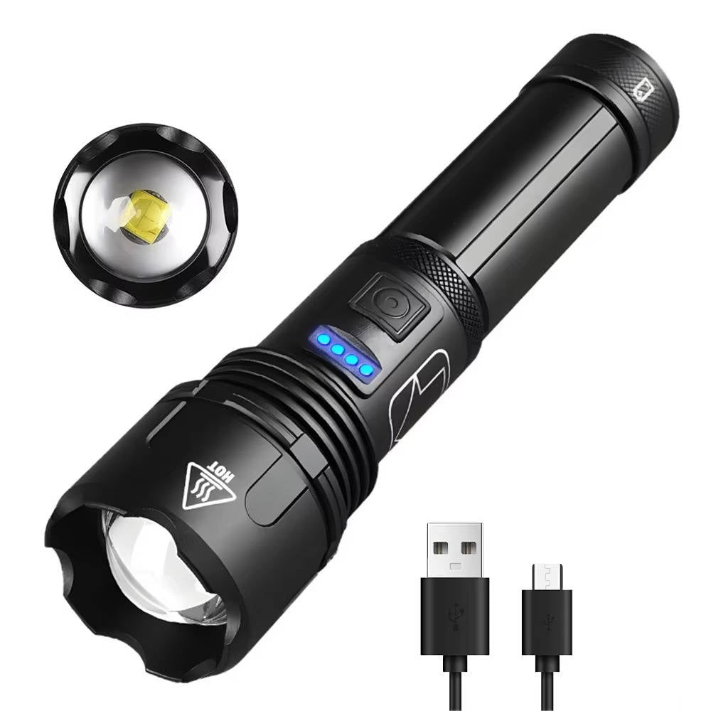 LED Flashlight with 4000 Lumen Output and Adjustable Zoom Beam, Rechargeable USB Port