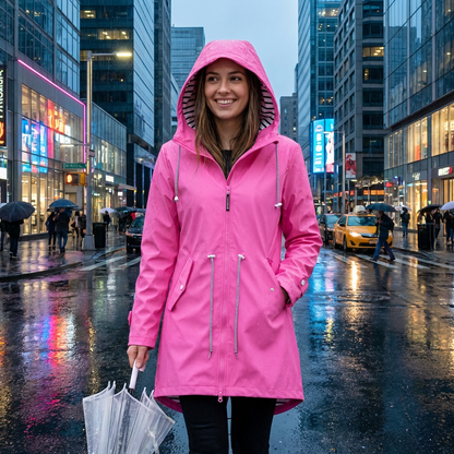 Women's Long Rain Jacket Waterproof Windproof Hooded Lightweight