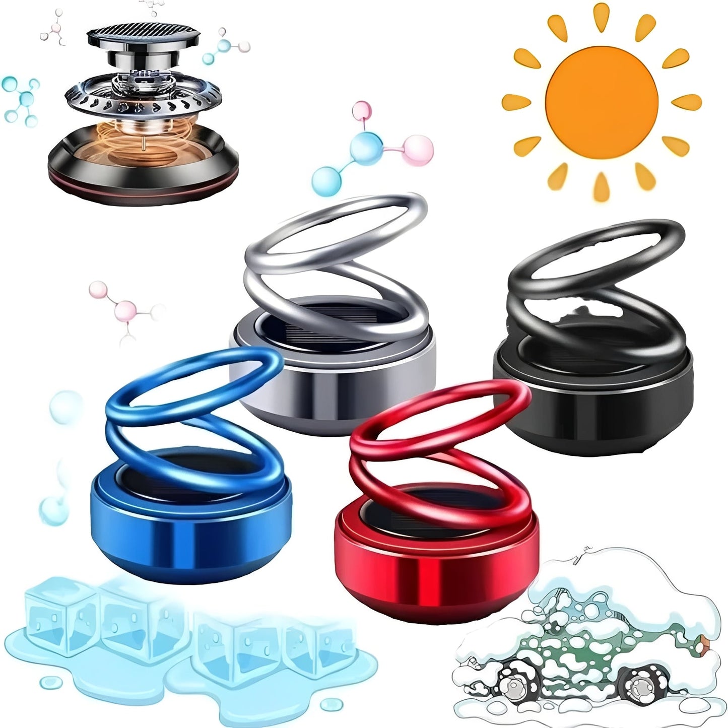 Solar Car Air Freshener with Ambient Light Rotor and Refillable Pads, Silent Compact