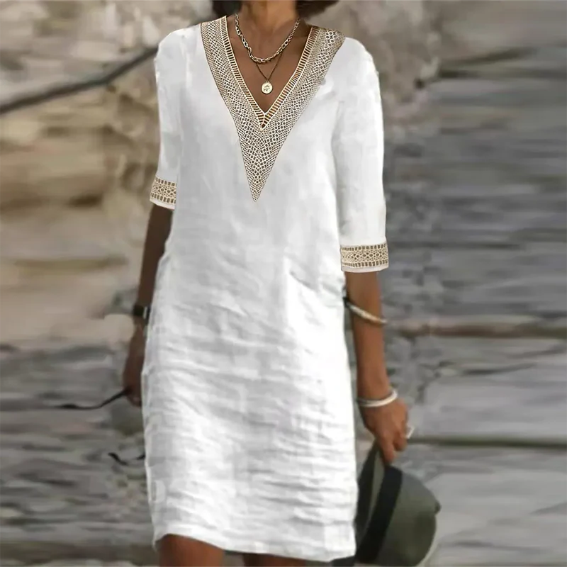 Linen Summer Dress For Women Breathable Casual Sleeveless V Neck Midi