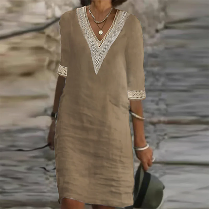 Linen Summer Dress For Women Breathable Casual Sleeveless V Neck Midi