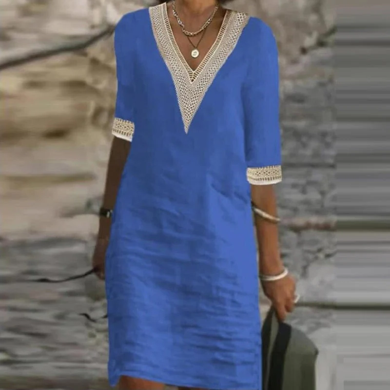 Linen Summer Dress For Women Breathable Casual Sleeveless V Neck Midi