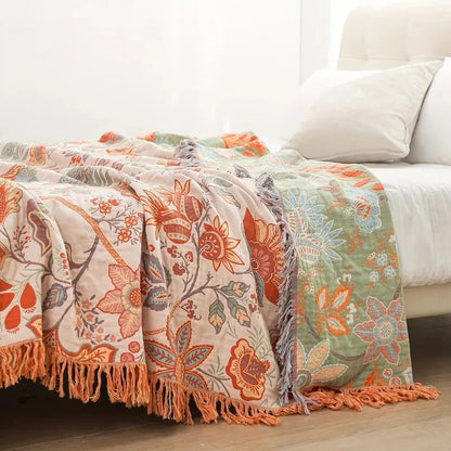 Cotton Throw Blanket with Floral Boho Print and Fringe Edges, Breathable Machine Washable