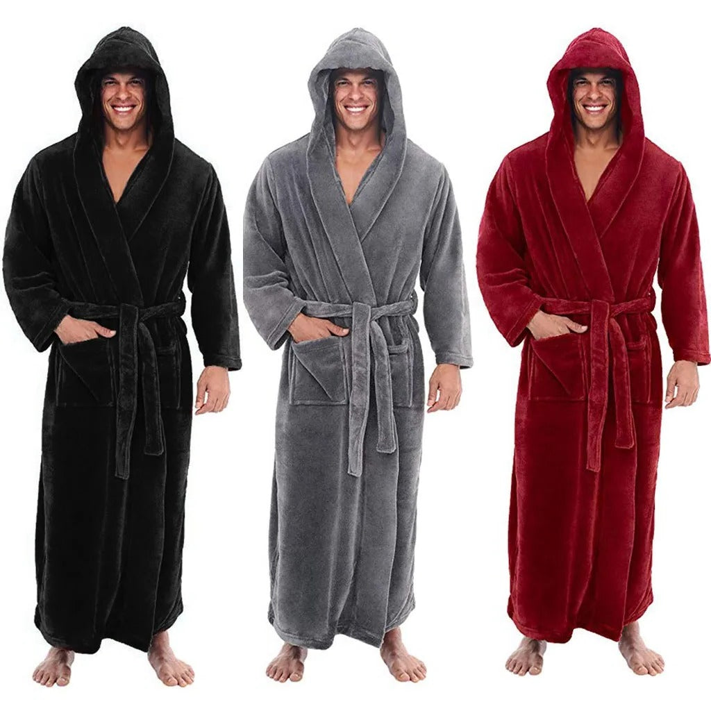 Men's Hooded Bathrobe with Ankle-Length Coverage and Thick Plush Fabric, Waist Tie Closure