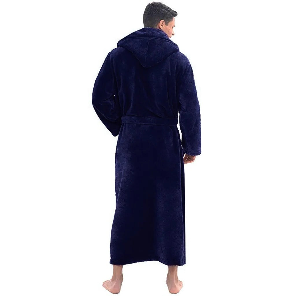 Men's Hooded Bathrobe with Ankle-Length Coverage and Thick Plush Fabric, Waist Tie Closure
