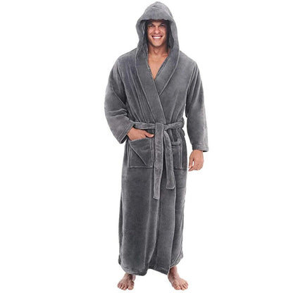 Men's Hooded Bathrobe with Ankle-Length Coverage and Thick Plush Fabric, Waist Tie Closure
