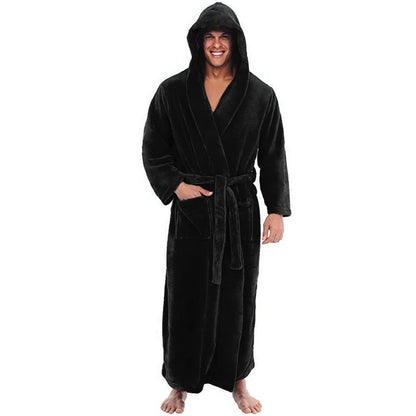 Men's Hooded Bathrobe with Ankle-Length Coverage and Thick Plush Fabric, Waist Tie Closure