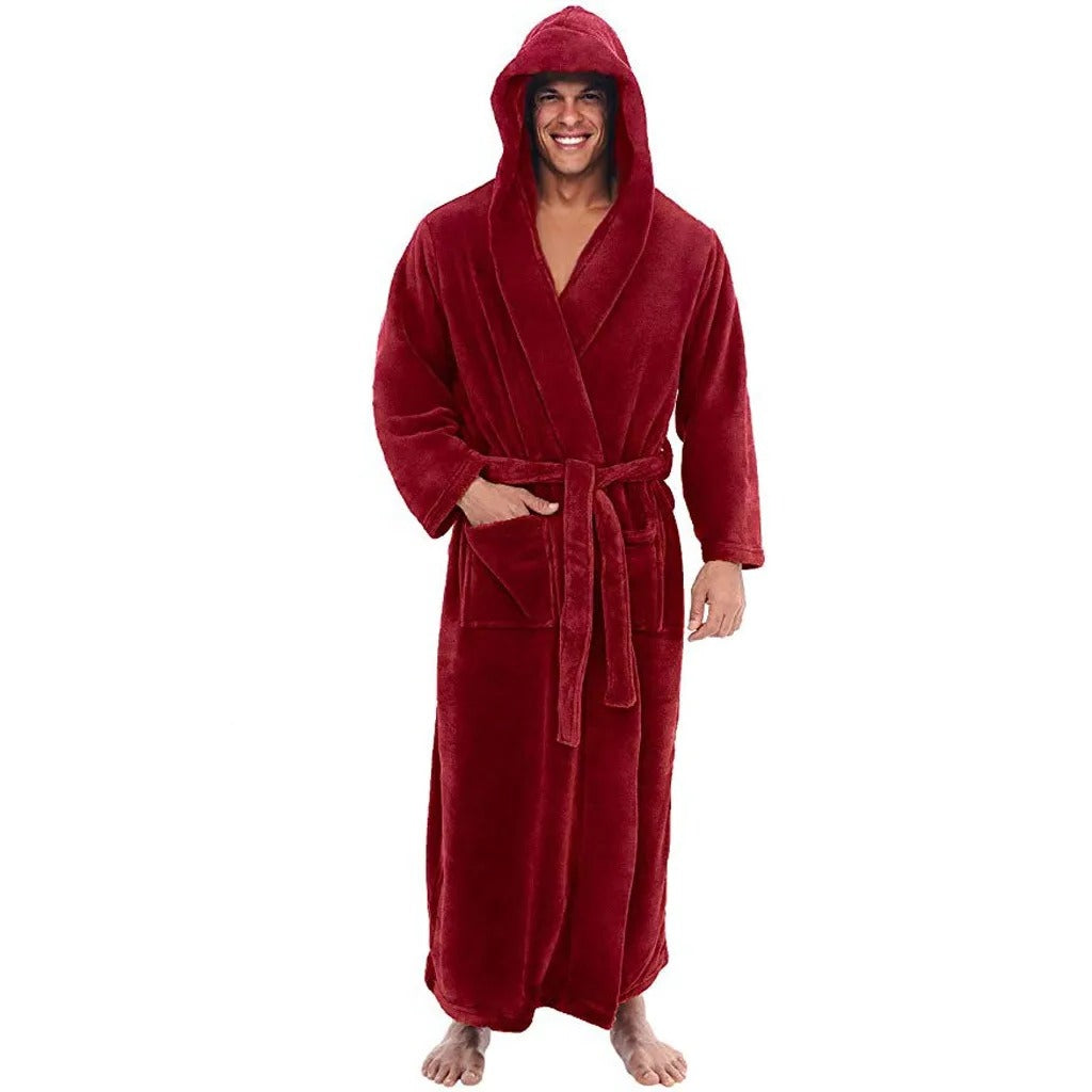 Men's Hooded Bathrobe with Ankle-Length Coverage and Thick Plush Fabric, Waist Tie Closure