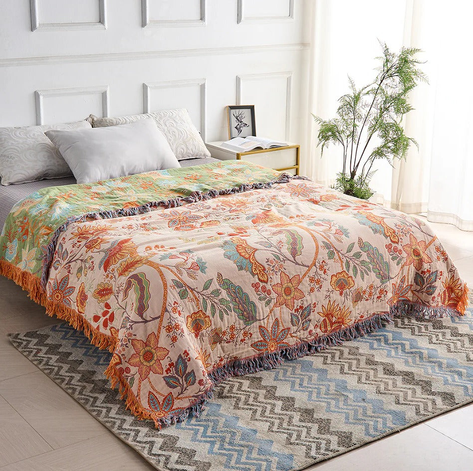 Cotton Throw Blanket with Floral Boho Print and Fringe Edges, Breathable Machine Washable