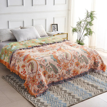 Cotton Throw Blanket with Floral Boho Print and Fringe Edges, Breathable Machine Washable
