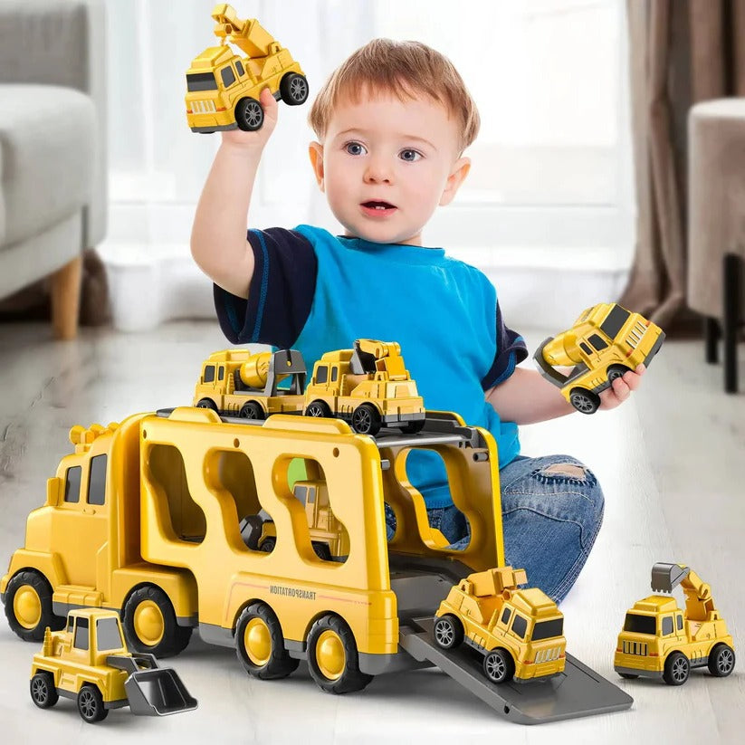 Construction Truck Toy Set With Carrier And Ramp, 5-Piece Playset