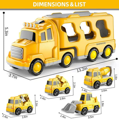 Construction Truck Toy Set With Carrier And Ramp, 5-Piece Playset