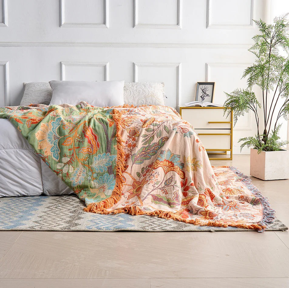 Cotton Throw Blanket with Floral Boho Print and Fringe Edges, Breathable Machine Washable