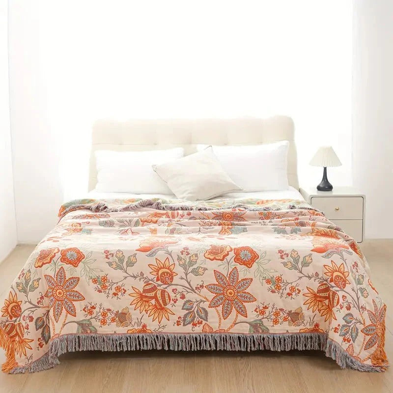 Cotton Throw Blanket with Floral Boho Print and Fringe Edges, Breathable Machine Washable