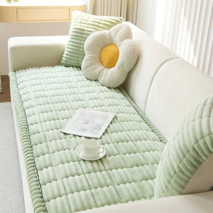 Sofa Cover with Pleated Edge and Plush Padding, Anti-Slip Rubber Backing, Machine Washable