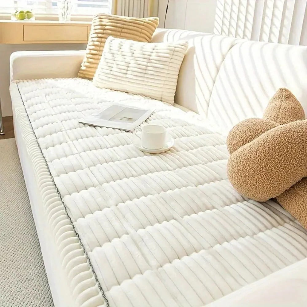 Sofa Cover with Pleated Edge and Plush Padding, Anti-Slip Rubber Backing, Machine Washable
