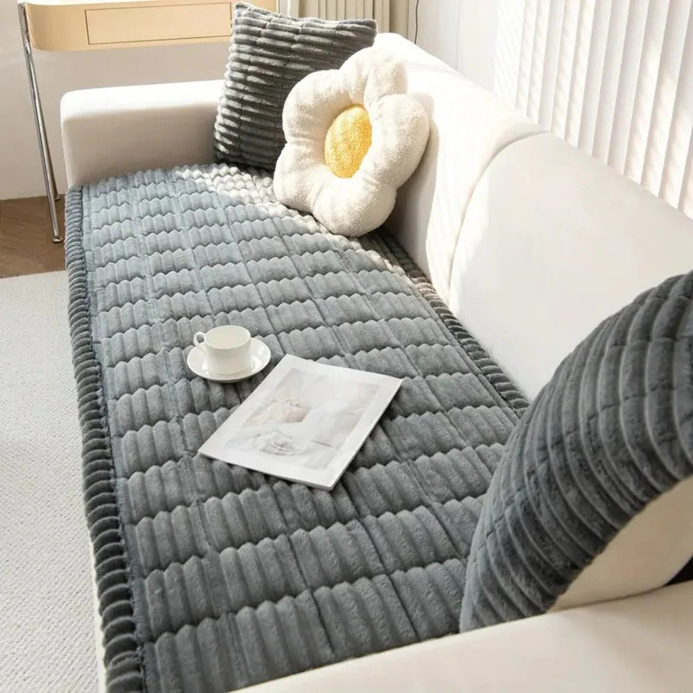 Sofa Cover with Pleated Edge and Plush Padding, Anti-Slip Rubber Backing, Machine Washable