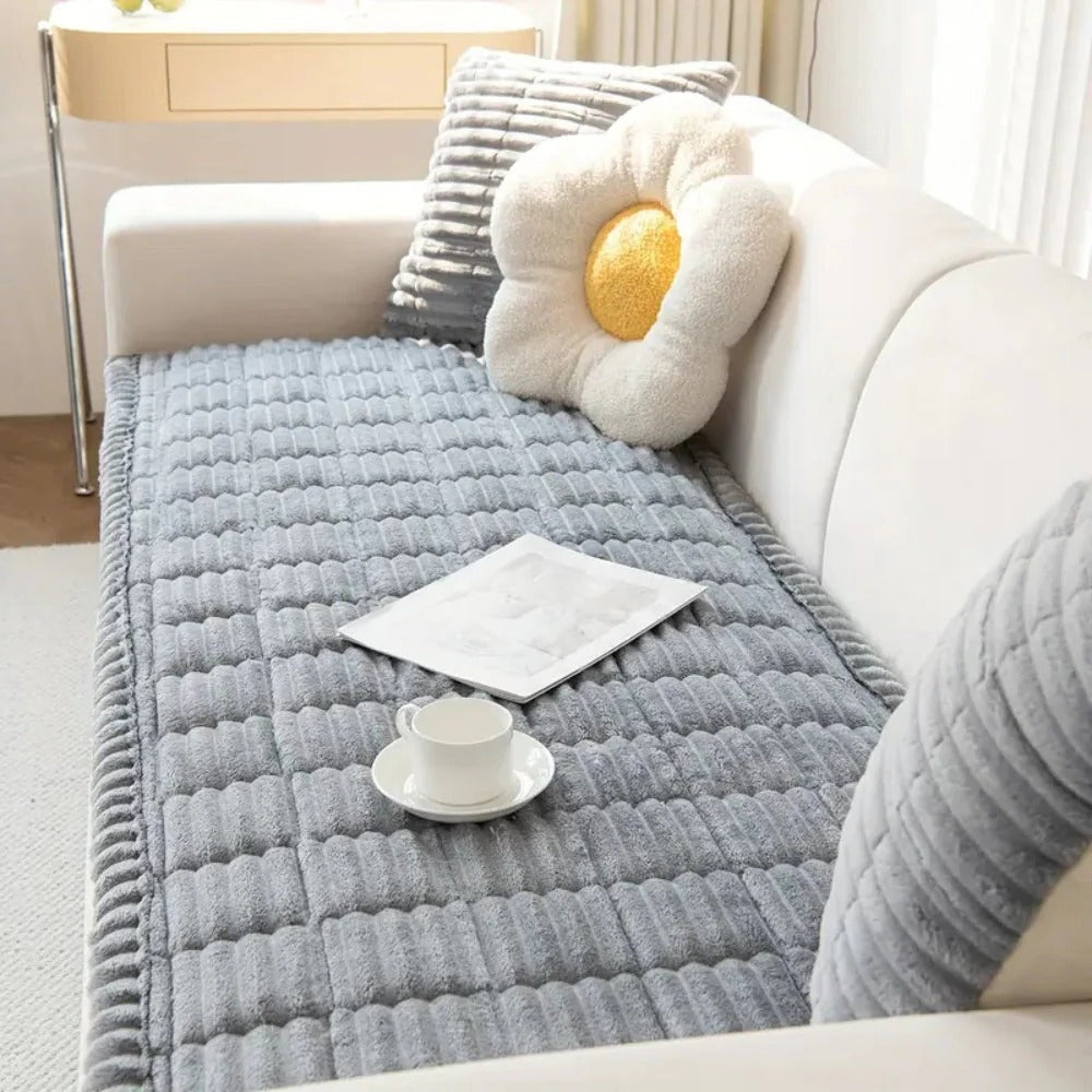 Sofa Cover with Pleated Edge and Plush Padding, Anti-Slip Rubber Backing, Machine Washable