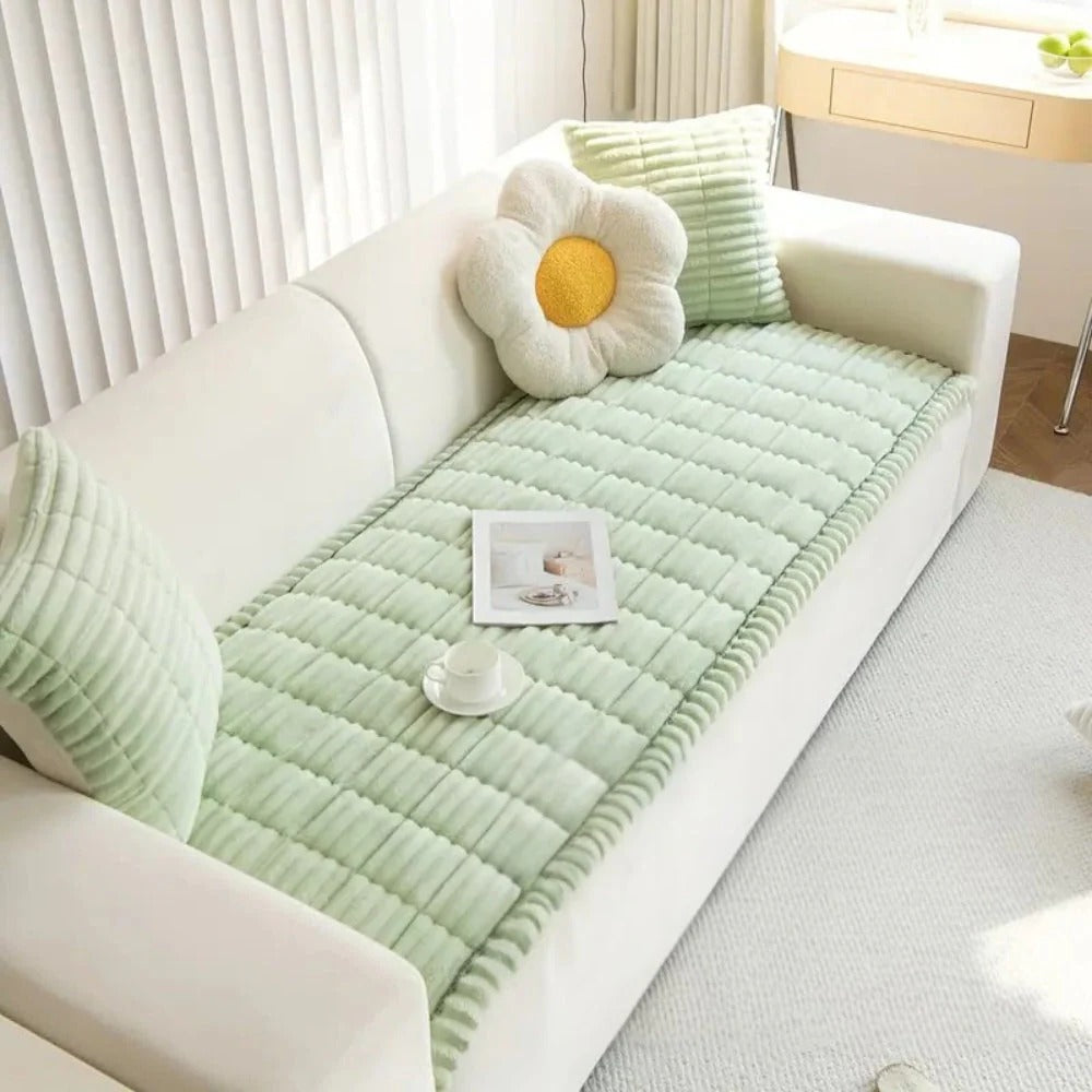 Sofa Cover with Pleated Edge and Plush Padding, Anti-Slip Rubber Backing, Machine Washable