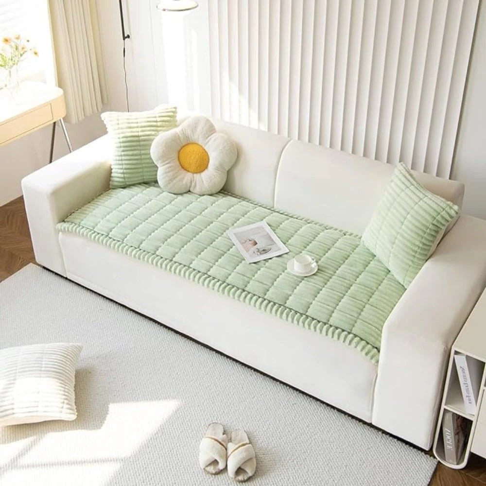 Sofa Cover with Pleated Edge and Plush Padding, Anti-Slip Rubber Backing, Machine Washable