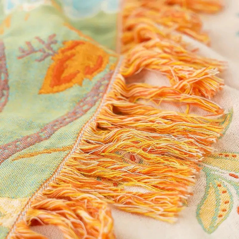 Cotton Throw Blanket with Floral Boho Print and Fringe Edges, Breathable Machine Washable